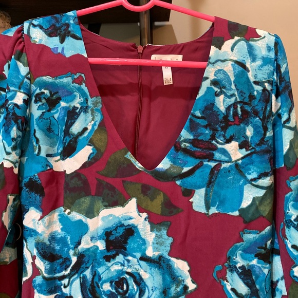 Leith V-Neck Long Sleeve Floral Dress Wine Blue XS - Picture 4 of 7